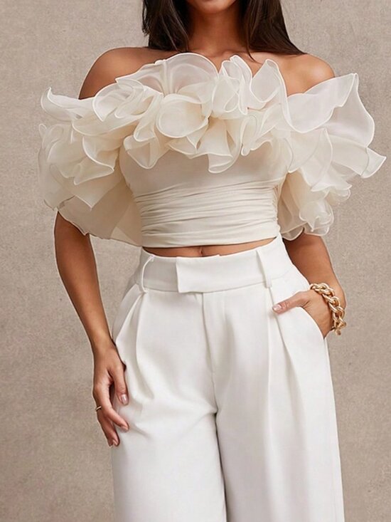 MODA ME COUTURE Tops - Apricot Elegant Women's Exaggerated Ruffle Trim Bandeau Top